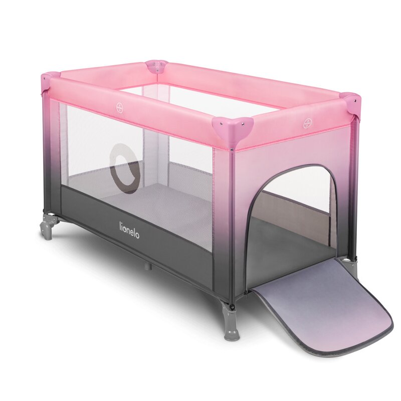Lionelo - patut pliant cu un nivel stefi, cu intrare laterala cu fermoar, 2 roti, 120x60 cm, conform cu standardul european de securitate en 716, roz ombre