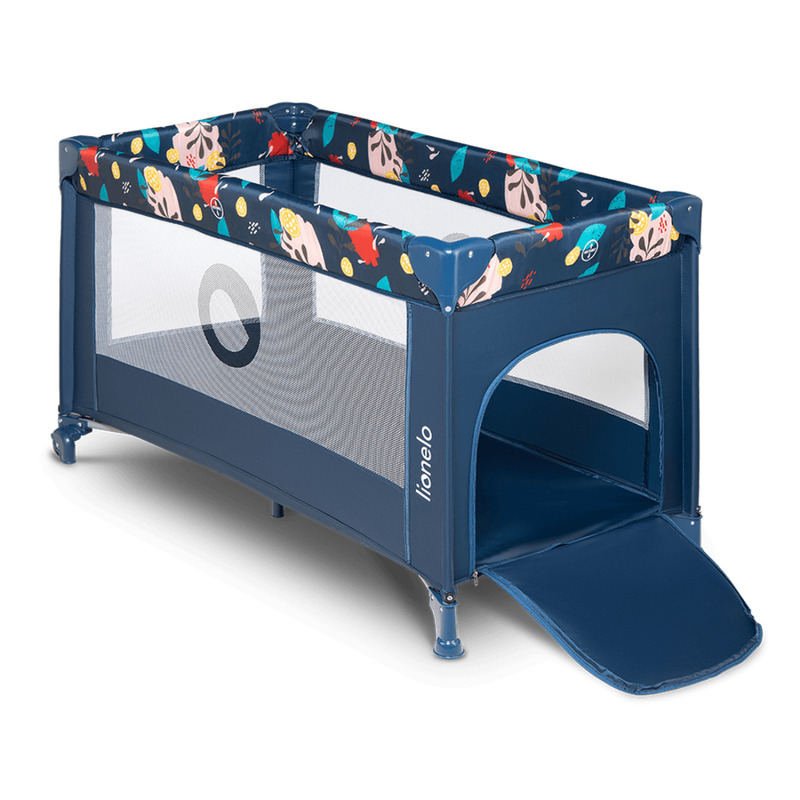 Lionelo - patut pliant cu un nivel stefi, cu intrare laterala cu fermoar, 2 roti, 120x60 cm, conform cu standardul european de securitate en 716, blue navy