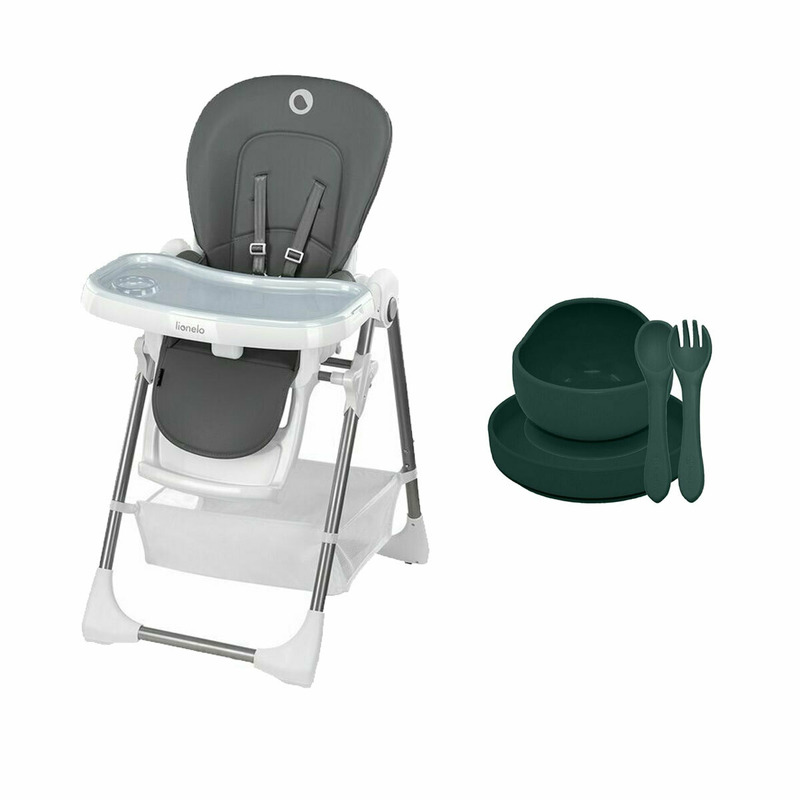 Lionelo - scaun de masa, reglabil, linn plus, din metal, en14988, gri + petite&mars - set hranire, din silicon, fara bfa, verde inchis