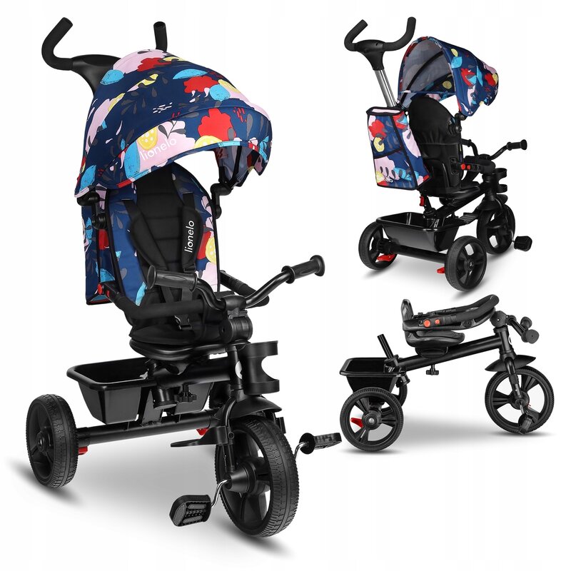 Lionelo - tricicleta haari blue navy suport picioare, control al directiei, scaun reversibil, rotire 360 grade, pliabila, multicolor