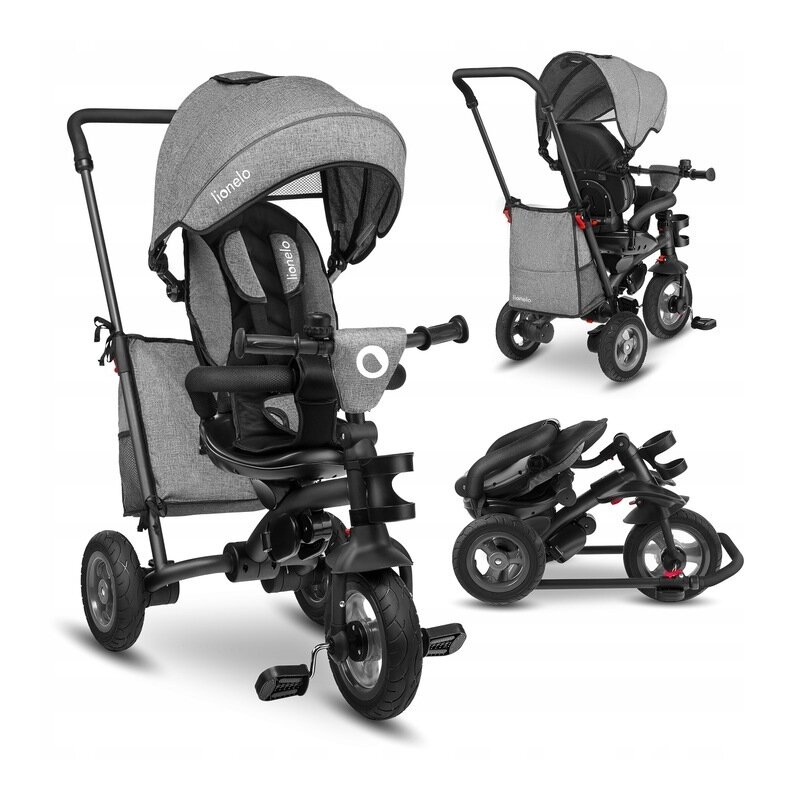 Lionelo - tricicleta tris stone grey mecanism de pedalare libera, suport picioare, control al directiei, scaun reversibil, rotire 360 grade, pliabila, gri