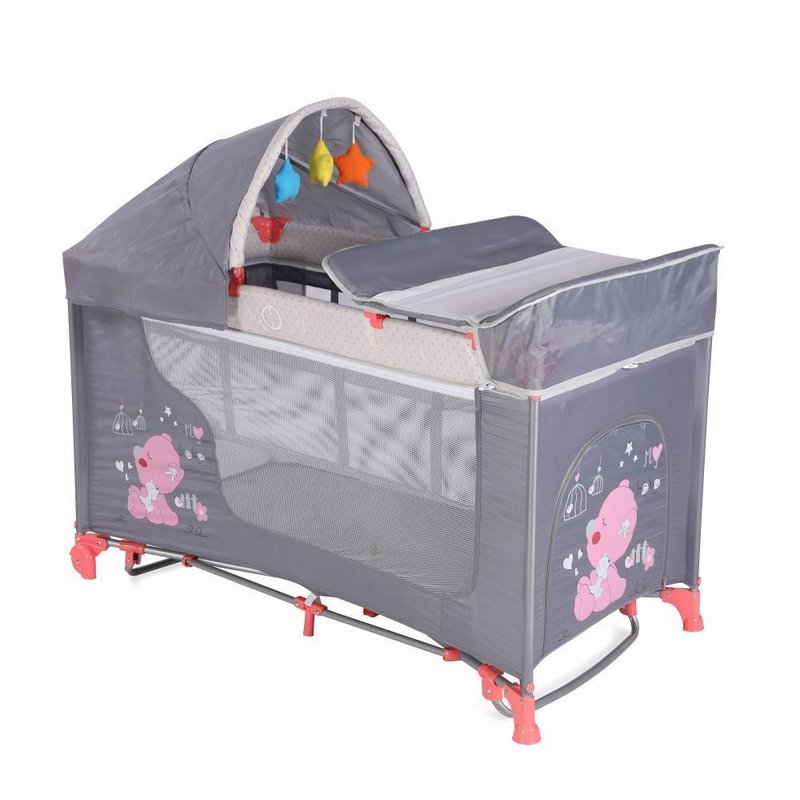 Lorelli - Pat pliant Moonlight Rocker, 2 nivele cu accesorii, Pink & Grey My Baby