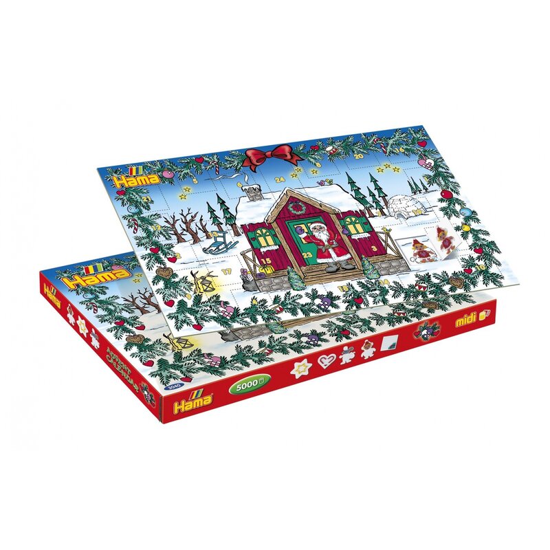 Hama - set margele de calcat calendar advent in cutie, 5000 buc, cu 5 plansete de lucru mici midi