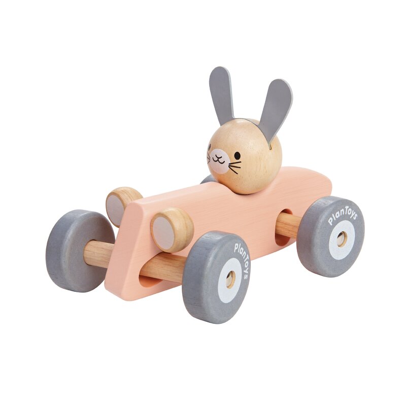 Plan toys - masina de curse iepuras, culoare pastel