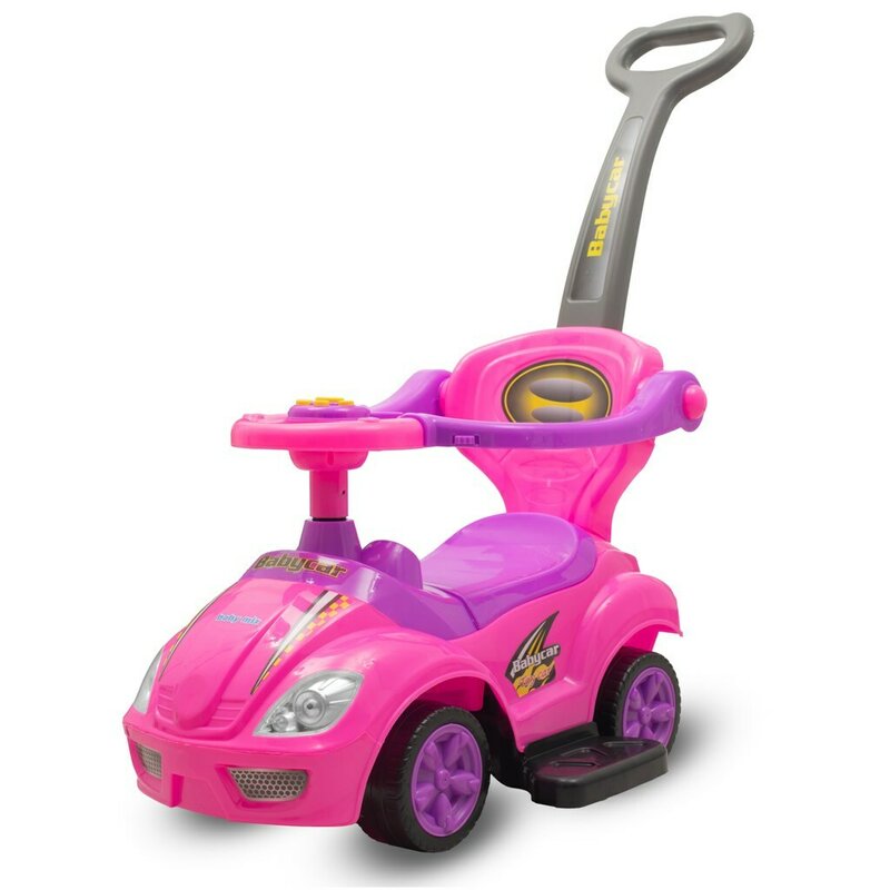 Masinuta de impins, Baby Mix, Mega Car, Pana la 23 kg, Cu maner de impins pliabil, Cu suport picioare, Cu protectii laterale detasabile, Cu melodii si claxon, Cu suport jucarii sub sezut, 12-36 luni, Pink