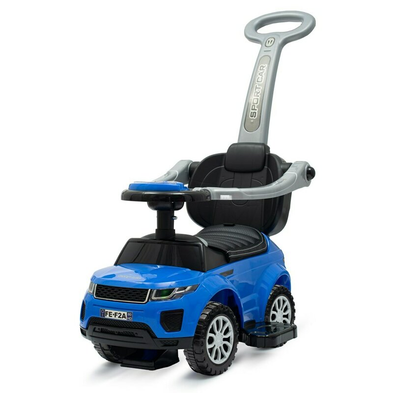 Masinuta de impins, Baby Mix, Prime, Scaun din piele ecologica, Cu maner de impins detasabil, Cu protectii laterale, Cu melodii si claxon, Cu suport jucarii sub sezut, Blue