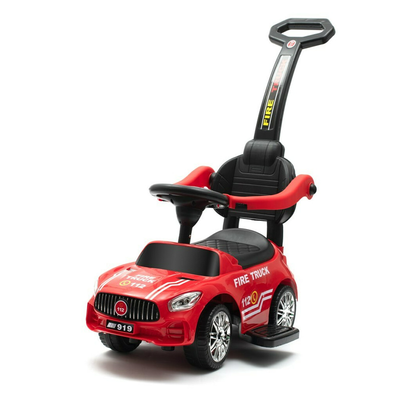 Masinuta de impins Firefighters, Cu maner de impins detasabil, Cu protectii laterale, Cu melodii si claxon, Cu suport jucarii sub sezut, Baby Mix