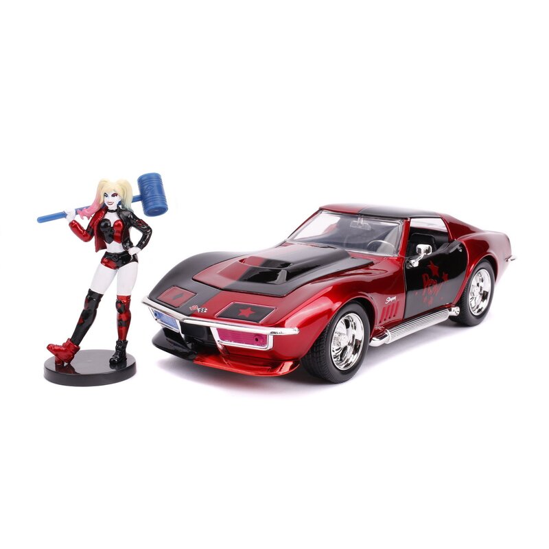 Simba - masinuta chevy corvette 1969, metalica, scara 1:24, cu figurina harley quinn