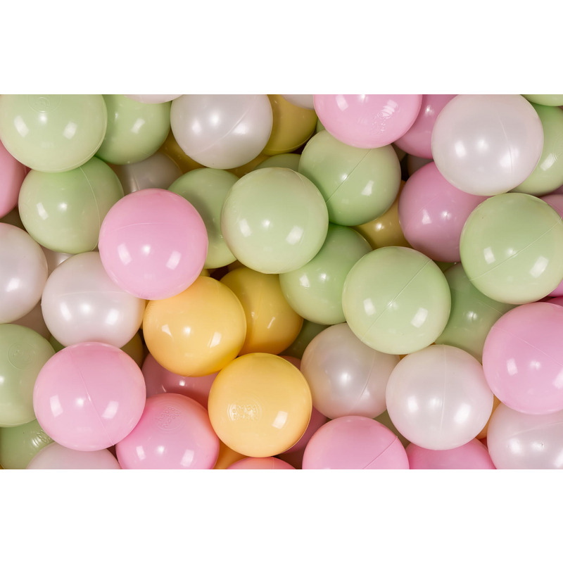 Meowbaby set bile din plastic pentru centru de joaca 7cm, 200 buc: alb perlat verde deschis roz pastel galben pastel