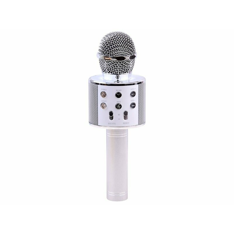 Microfon pentru karaoke, Jokomisiada, Wireless, Cu lumini, Optiune bluetooth, Cu diferite functii si butoane, Compatibil cu Android si IOS, Durata baterie 6-8h, Include si cablu USB pentru incarcare, 3 ani+, Silver