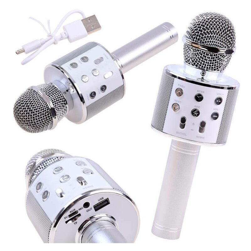 Microfon pentru karaoke, Jokomisiada, Wireless, Cu lumini, Optiune bluetooth, Cu diferite functii si butoane, Compatibil cu Android si IOS, Durata baterie 6-8h, Include si cablu USB pentru incarcare, 3 ani+, Silver