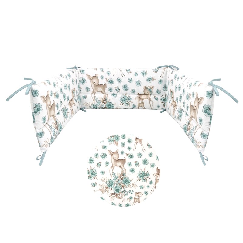 Aparatoare pentru patut, MimiNu, Din bumbac certificat Oeko Tex Standard 100, 180x30 cm, Cu panglici, Sweet Deer Mint