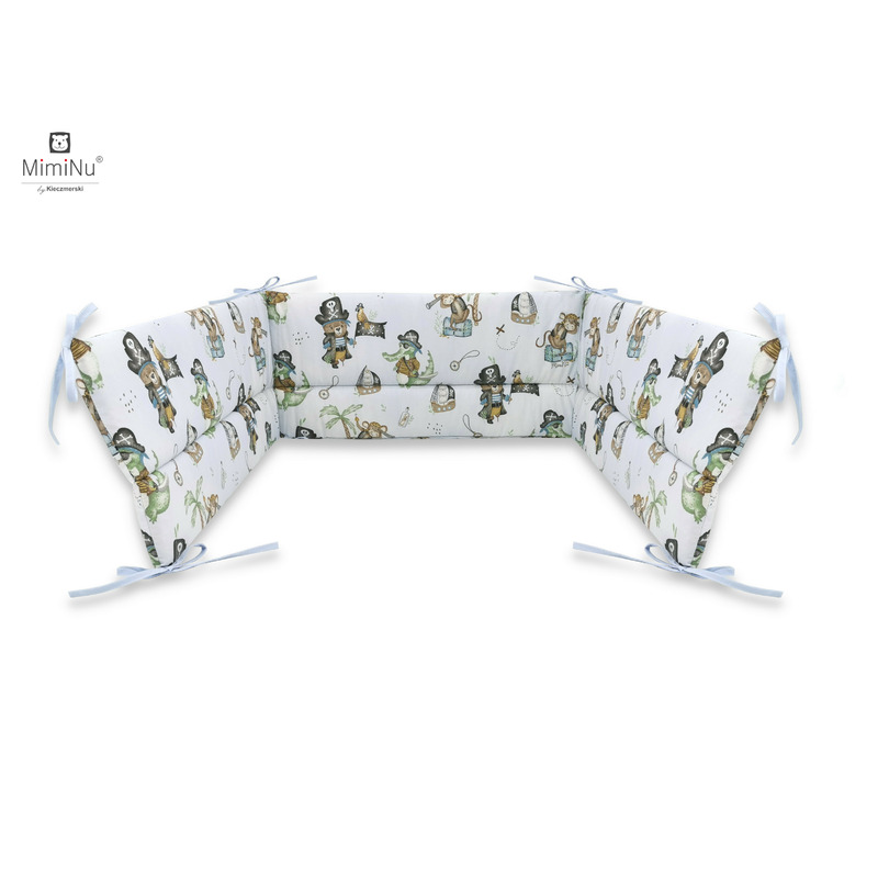 Miminu - aparatoare pentru patut 120x60 cm, din bumbac certificat oeko tex standard 100, cu inaltimea de 30 cm, cu panglici, design, pirates blue