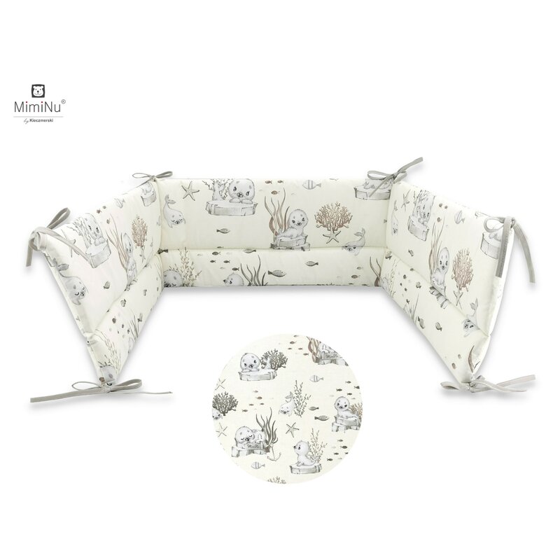 Miminu - aparatoare pentru patut 120x60 cm, din bumbac, cu inaltimea de 30 cm, cu panglici, design, seal beige