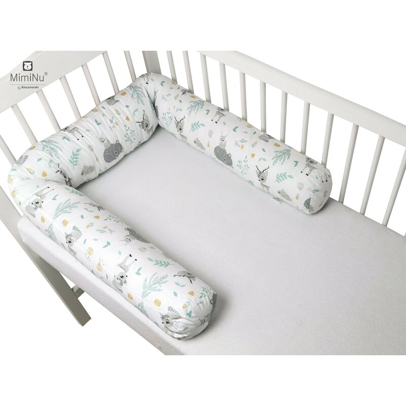 MimiNu - Aparatoare tip rulou pentru patut, Lungime 180 cm, Din bumbac certificat Oeko Tex Standard 100, Cu diametru de 10 cm, Forest Friends Mint