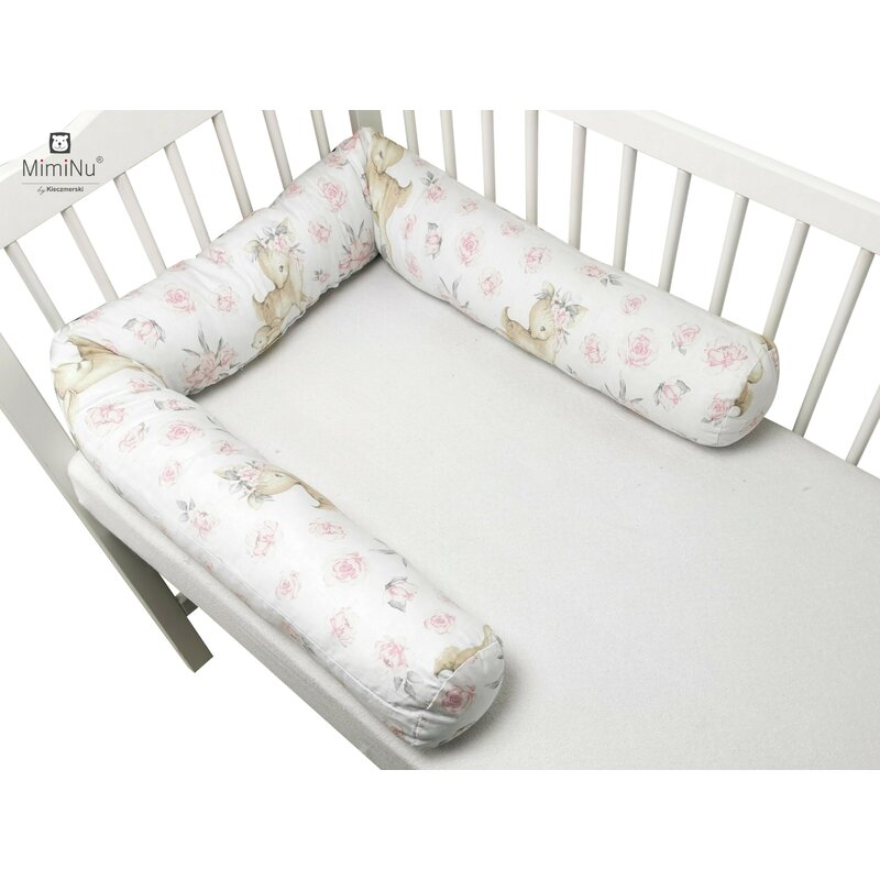 MimiNu - Aparatoare tip rulou pentru patut, Lungime 180 cm, Din bumbac certificat Oeko Tex Standard 100, Cu diametru de 10 cm, Sweet Deer Pink 