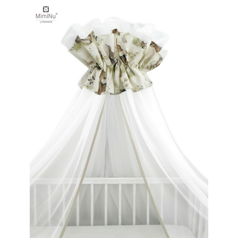 Miminu - baldachin mare din tull + suport metalic, cu funda din bumbac, dimensiune 400x170 cm, materiale certificate oeko tex standard 100, design, calm forest natural