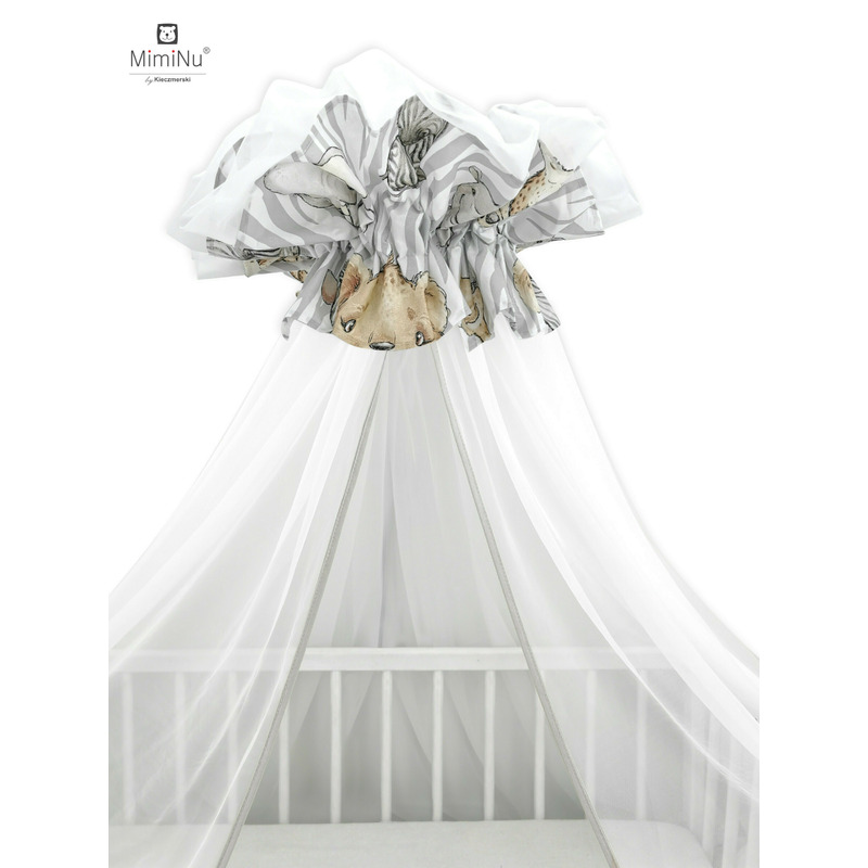 Miminu - baldachin mare din tull + suport metalic, cu funda din bumbac, dimensiune 400x170 cm, materiale certificate oeko tex standard 100, safari natural