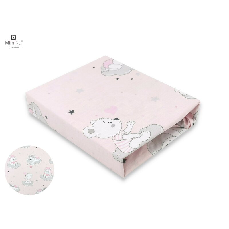 MimiNu - Cearceaf cu elastic pentru patut 120X60 cm, Din bumbac, Teddy Bears On Clouds Pink