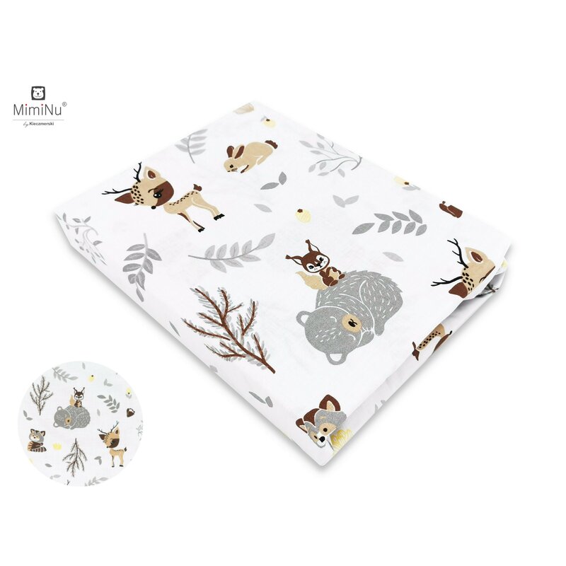 MimiNu - Cearceaf cu elastic pentru patut 140X70 cm, Din bumbac certificat Oeko Tex Standard 100, Forest friends Grey/Beige