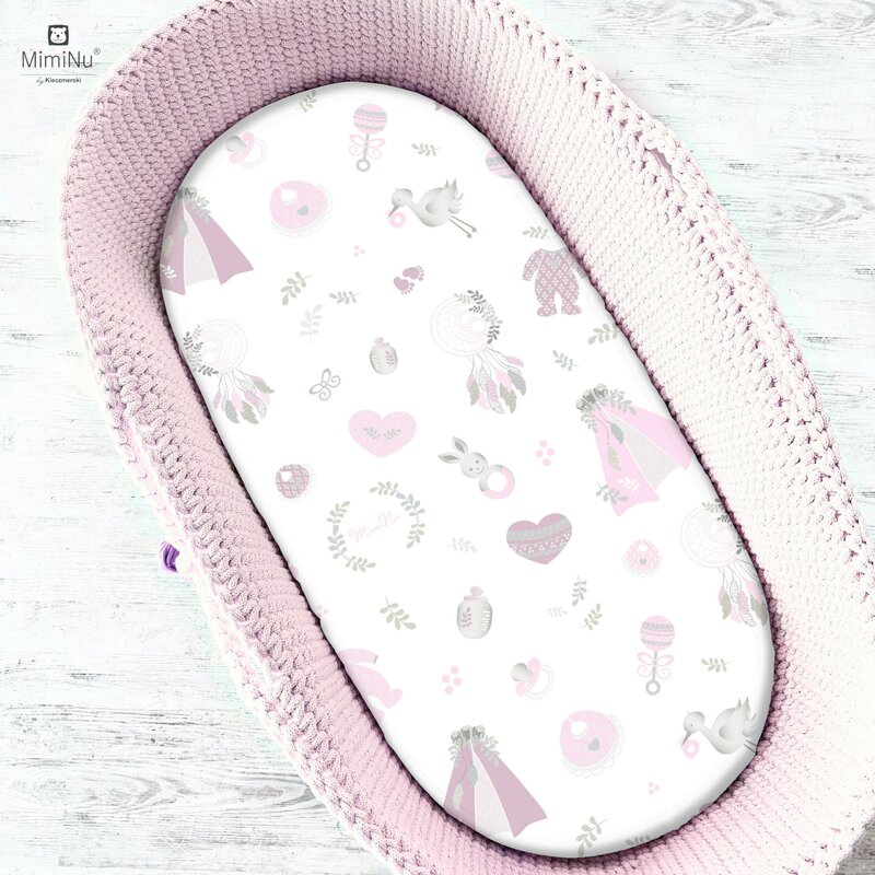 Miminu - cearceaf cu elastic pentru landou, carucior si cosulet, dimensiune 80x35 cm, din bumbac, baby shower pink 