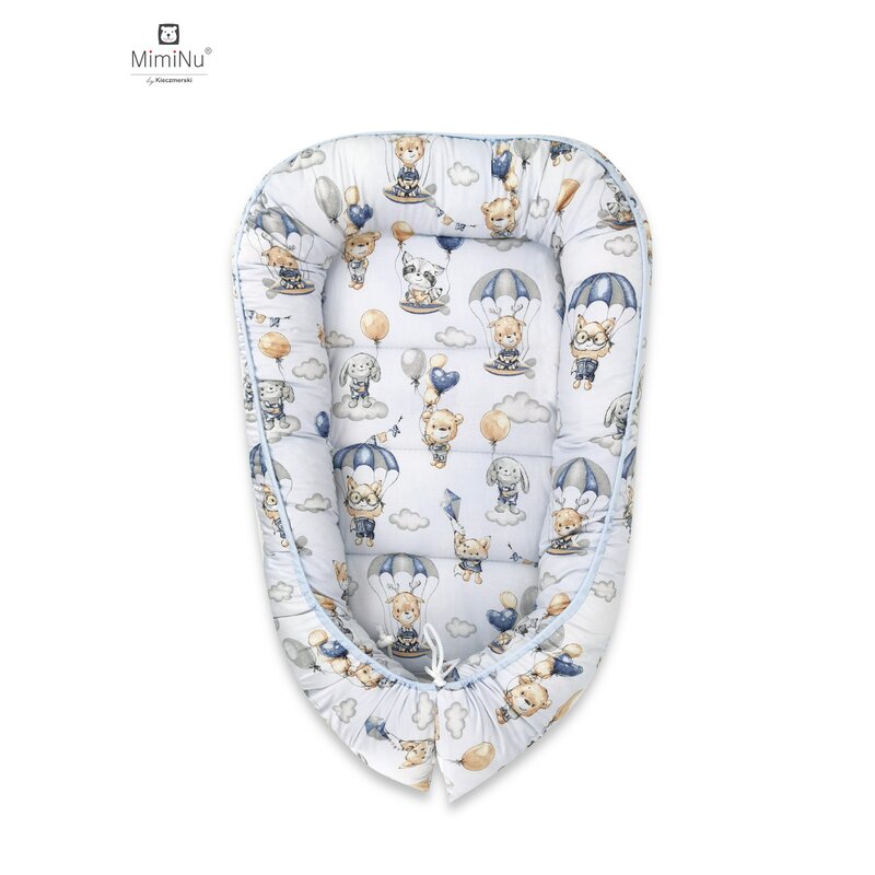 Miminu - cosulet bebelus pentru dormit, baby cocoon 75x55 cm, husa 100% bumbac, parachutes blue
