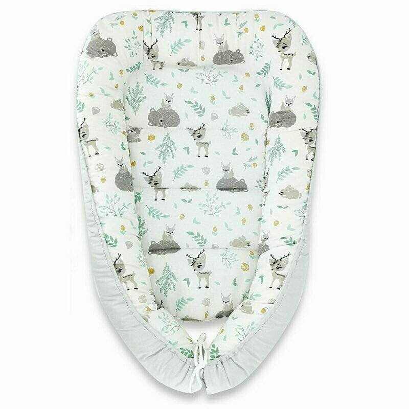 Miminu - cosulet bebelus pentru dormit, baby cocoon 90x50 cm, forest friends grey/mint