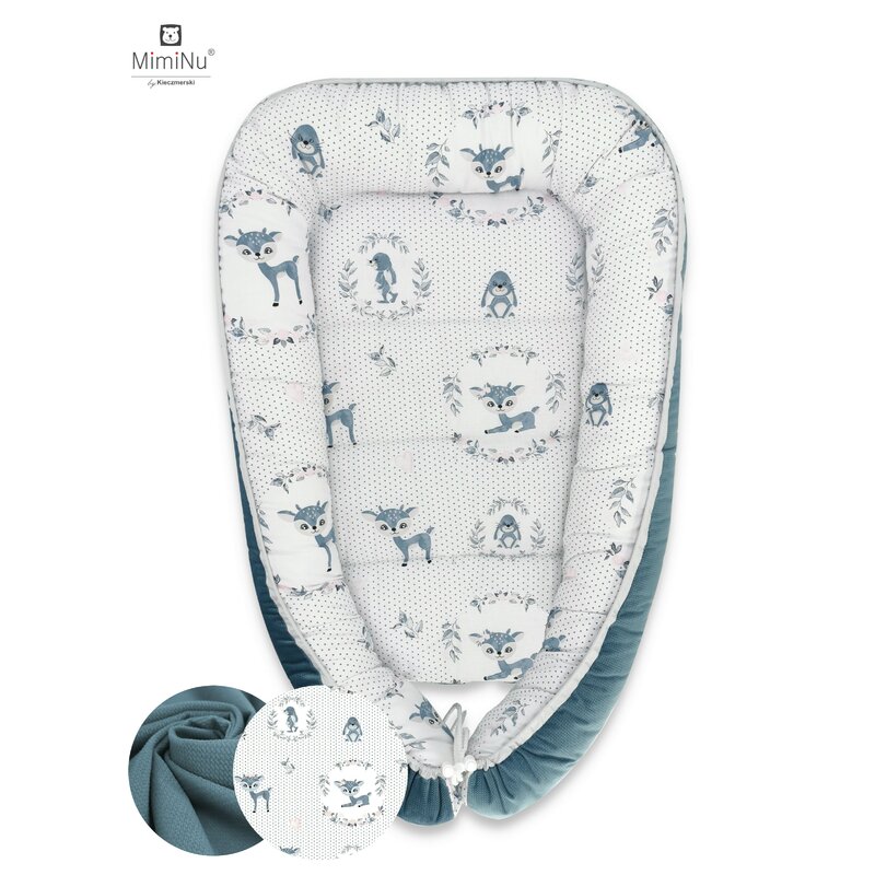 Miminu - cosulet bebelus pentru dormit cu doua fete, baby cocoon 75x55 cm, husa 100% bumbac si catifea moale, velvet deer dark mint