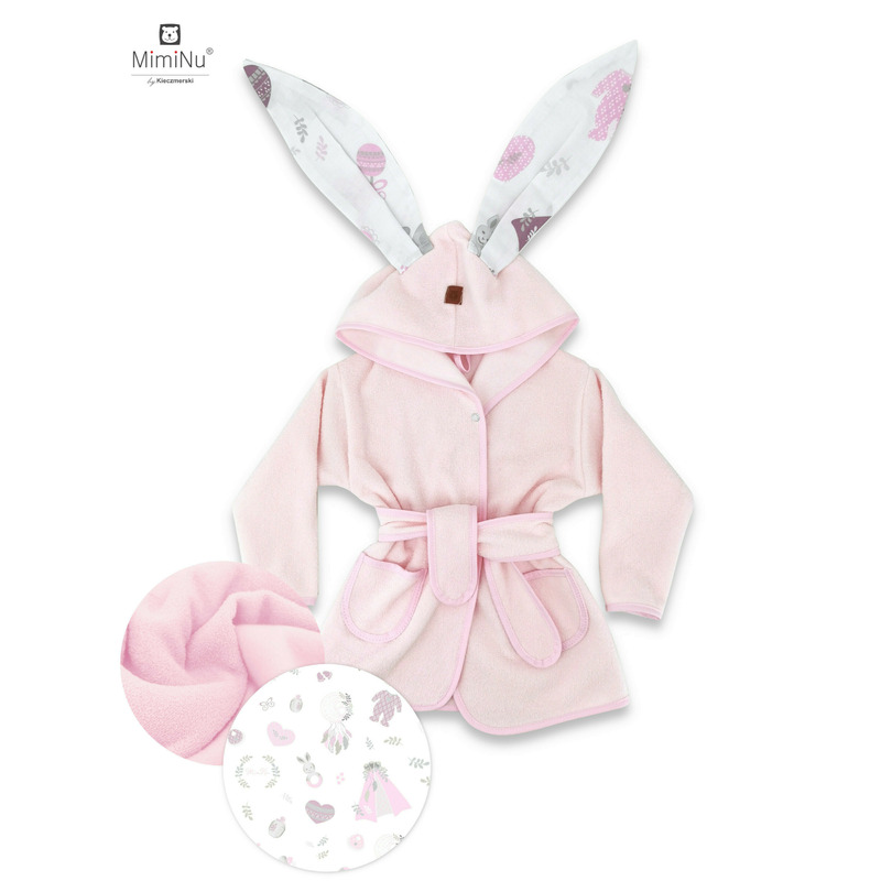 MimiNu - Halat de baie cu urechi 2 - 5 ani, Moale, Cu buzunare, Cu cordon, Din bumbac si thermo fleece, Materiale certificate Oeko Tex Standard 100, Baby Shower Pink