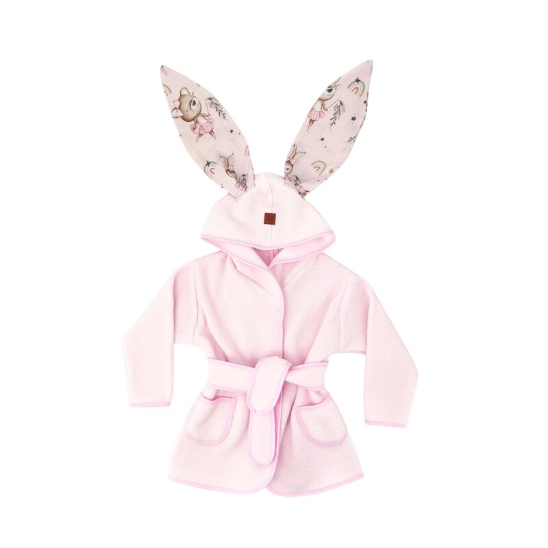 Halat de baie, MimiNu, Cu urechi, 2 - 5 ani, Moale, Cu buzunare, Cu cordon, Din bumbac si thermo fleece, Materiale certificate Oeko Tex Standard 100, Design, Little Ballerina Pink