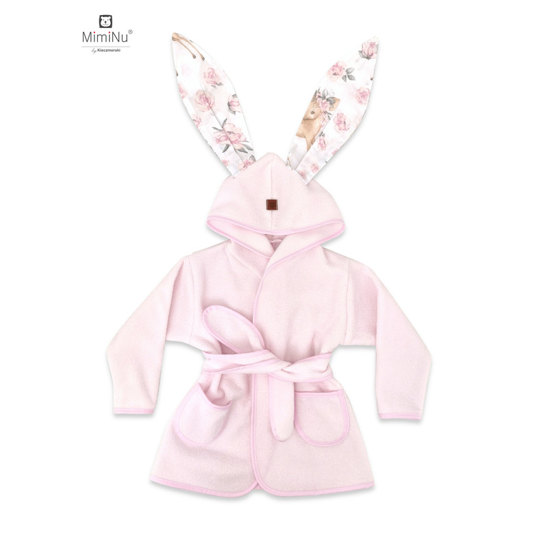 MimiNu - Halat de baie cu urechi 2 - 5 ani, Moale, Cu buzunare, Cu cordon, Din bumbac si thermo fleece, Materiale certificate Oeko Tex Standard 100, Sweet Deer Pink