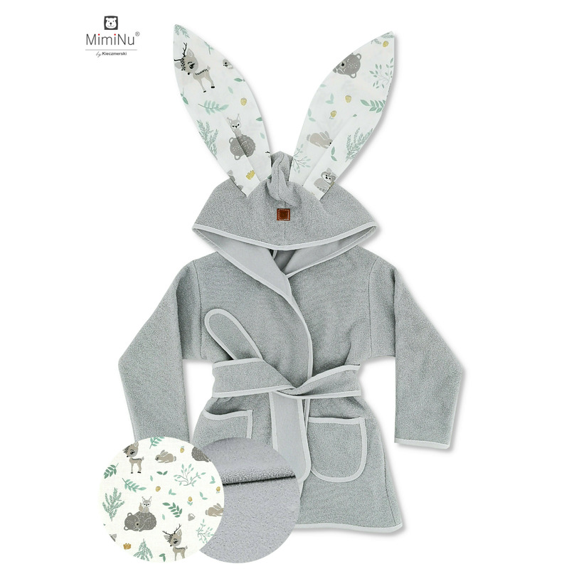 MimiNu - Halat de baie cu urechi 5 - 7 ani, Moale, Cu buzunare, Cu cordon, Din bumbac si thermo fleece, Materiale certificate Oeko Tex Standard 100, Forest Friends Mint