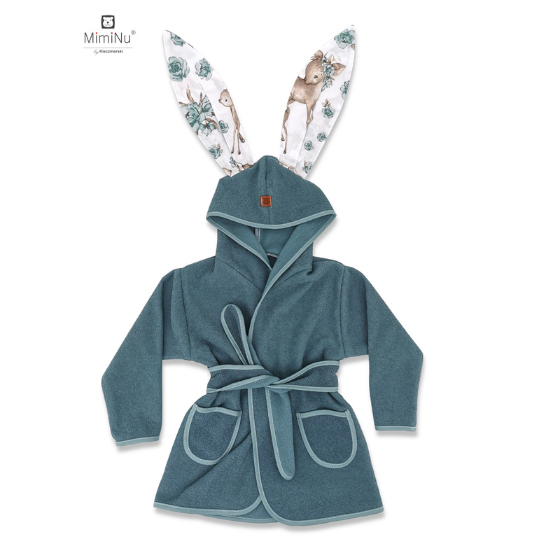 MimiNu - Halat de baie cu urechi 5 - 7 ani, Moale, Cu buzunare, Cu cordon, Din bumbac si thermo fleece, Materiale certificate Oeko Tex Standard 100, Sweet Deer Mint