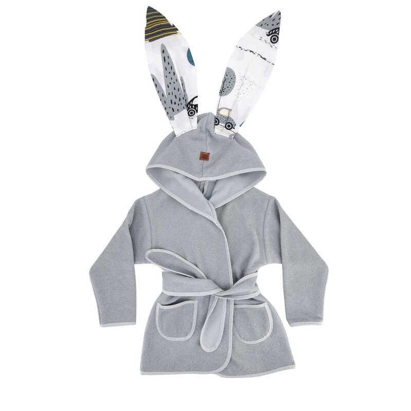 Halat de baie, MimiNu, Cu urechi, 6 - 24 luni, Moale, Cu buzunare, Cu cordon, Din bumbac thermo fleece, Material certificat Oeko Tex Standard 100, Grey/Childrens Journey grey