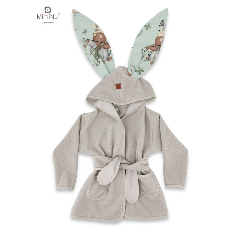 Miminu - halat de baie cu urechi 6 - 24 luni, moale, cu buzunare, cu cordon, din bumbac si thermo fleece, materiale certificate oeko tex standard 100, design, let\'s go natural