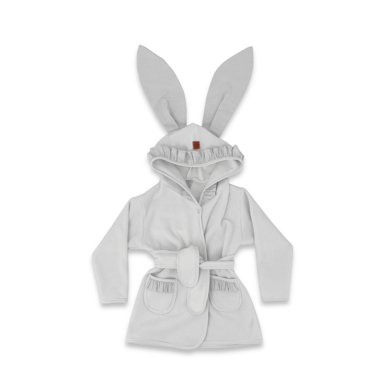 Miminu - halat de baie cu urechi 6 - 24 luni moale, cu volanase, cu buzunare, cu cordon, din bumbac si thermo fleece, materiale certificate oeko tex standard 100, colectia royal, grey