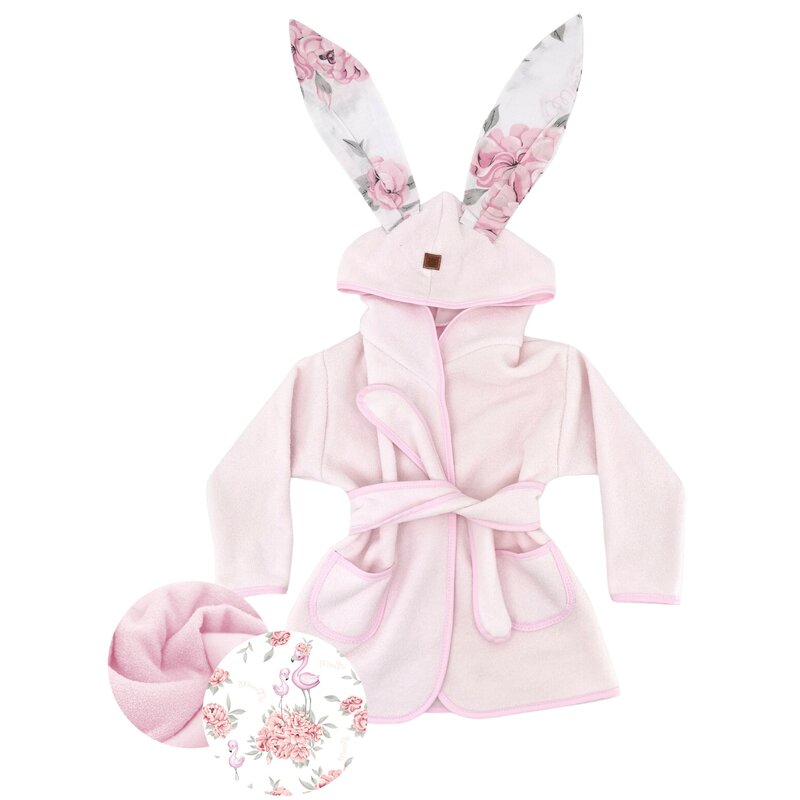 Halat de baie, MimiNu, Cu urechi, 6 - 24 luni, Moale, Cu buzunare, Cu cordon, Din bumbac si thermo fleece, Materiale certificate Oeko Tex Standard 100, Peonie Pink