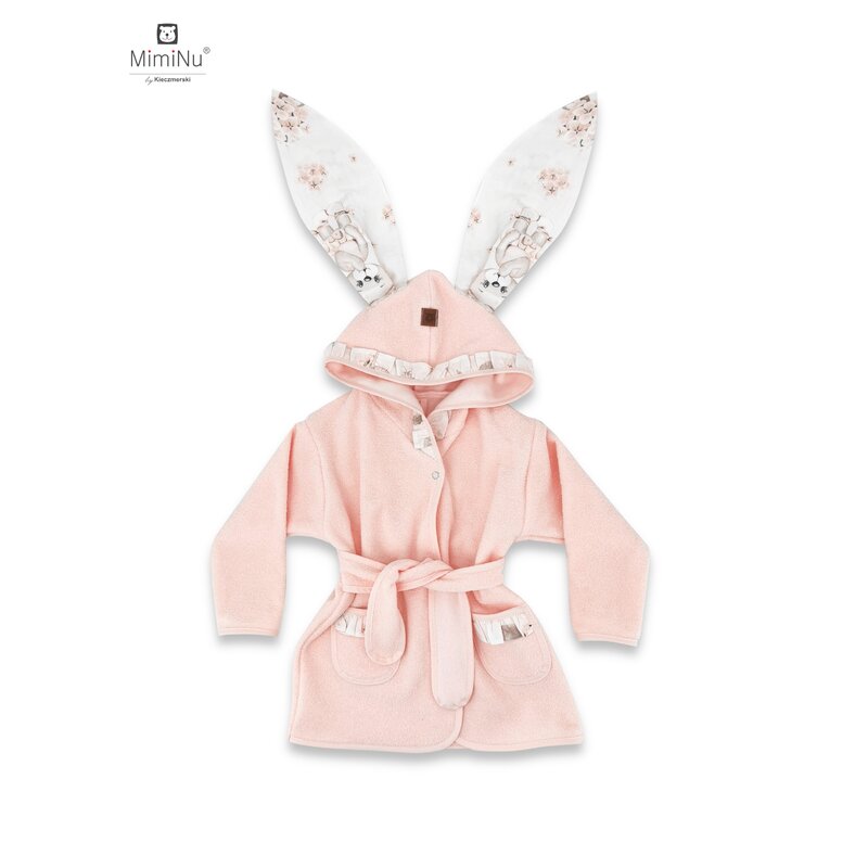 MimiNu - Halat de baie cu urechi 6 - 24 luni, Moale, Cu volanase, Cu buzunare, Cu cordon, Din bumbac si thermo fleece, Materiale certificate Oeko Tex Standard 100, Design, Powdery Pink Ballerina