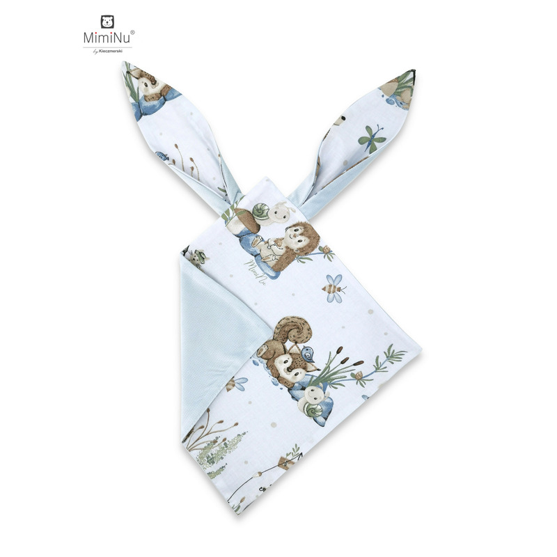 Miminu - jucarie textila senzoriala, moale, cu doua fete, 30 x 30 cm, din tesatura de catifea si bumbac, materiale certificate oeko tex standard 100, velvet let\'s go blue