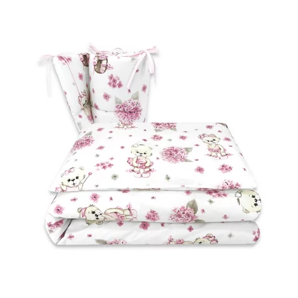 Lenjerie patut cu 3 piese, MimiNu, Pentru patut 120x60 cm, Cu protectie laterala, Din bumbac certificat Oeko Tex Standard 100, Design, Pink Ballerina