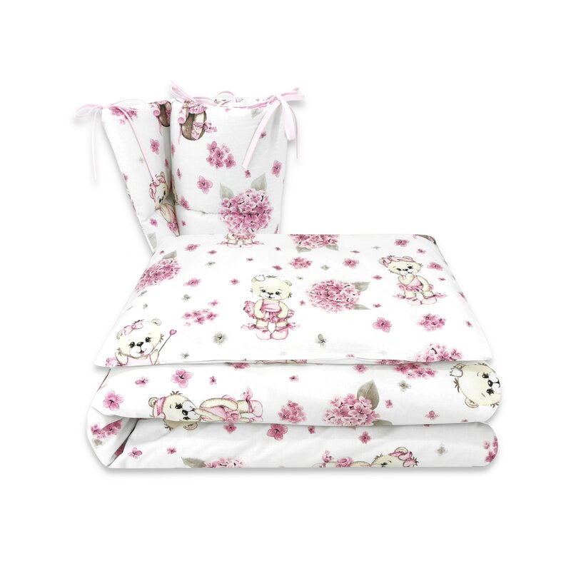 Lenjerie patut cu 3 piese, MimiNu, Pentru patut 120x60 cm, Cu protectie laterala, Din bumbac certificat Oeko Tex Standard 100, Design, Pink Ballerina
