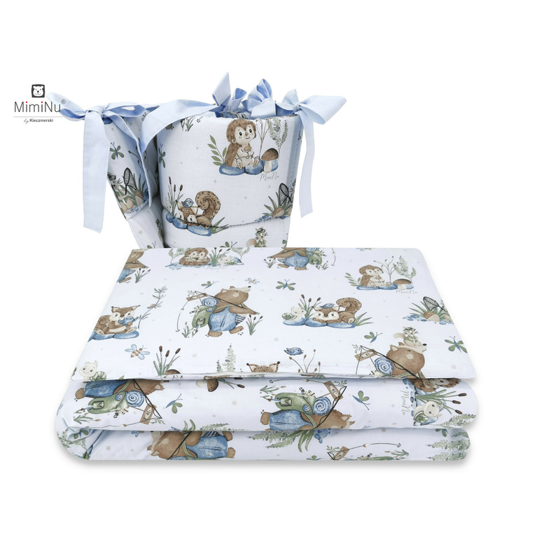 Miminu - lenjerie patut 3 piese, cu protectie laterala, din bumbac certificat oeko tex standard 100, pentru patut 120x60 cm, design, let\'s go blue