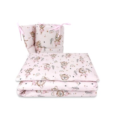 Lenjerie patut cu 3 piese, MimiNu, Pentru patut 120x60 cm, Cu protectie laterala, Din bumbac certificat Oeko Tex Standard 100, Design, Little Ballerina Pink