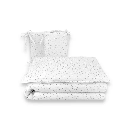 Lenjerie patut cu 3 piese, MimiNu, Pentru patut 120x60 cm, Cu protectie laterala, Din bumbac certificat Oeko Tex Standard 100, Mini Gray Stars