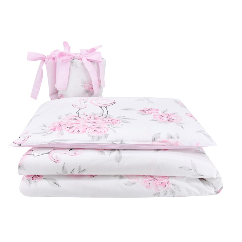 Lenjerie patut cu 3 piese, MimiNu, Pentru patut 120x60 cm, Cu protectie laterala, Din bumbac certificat Oeko Tex Standard 100, Peonie Pink