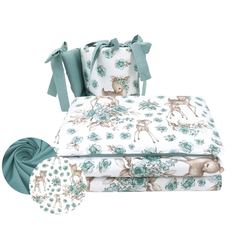 Lenjerie patut cu 3 piese, MimiNu, Pentru patut 120x60 cm, Cu protectie laterala, Din bumbac certificat Oeko Tex Standard 100, Sweet Deer Mint