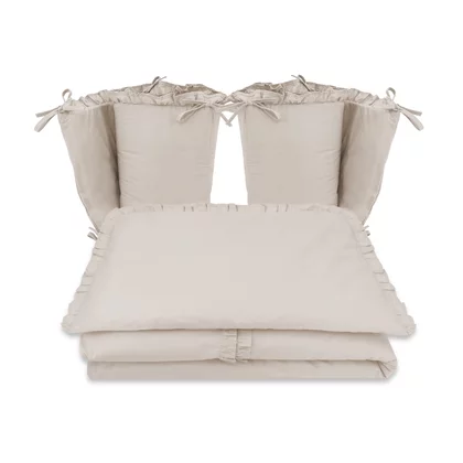 Lenjerie patut cu 4 piese, MimiNu, Pentru patut 120x60 cm, Cu doua protectii laterale, Cu volanase, Din bumbac certificat Oeko Tex Standard 100, Colectia Royal, Beige
