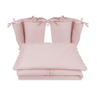 Lenjerie patut cu 4 piese, MimiNu, Pentru patut 120x60 cm, Cu doua protectii laterale, Cu volanase, Din bumbac certificat Oeko Tex Standard 100, Colectia Royal, Powder Pink