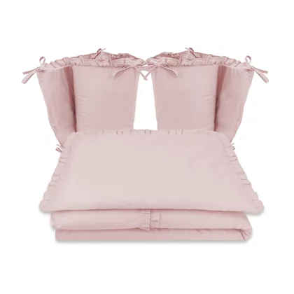 Lenjerie patut cu 4 piese, MimiNu, Pentru patut 120x60 cm, Cu doua protectii laterale, Cu volanase, Din bumbac certificat Oeko Tex Standard 100, Colectia Royal, Powder Pink