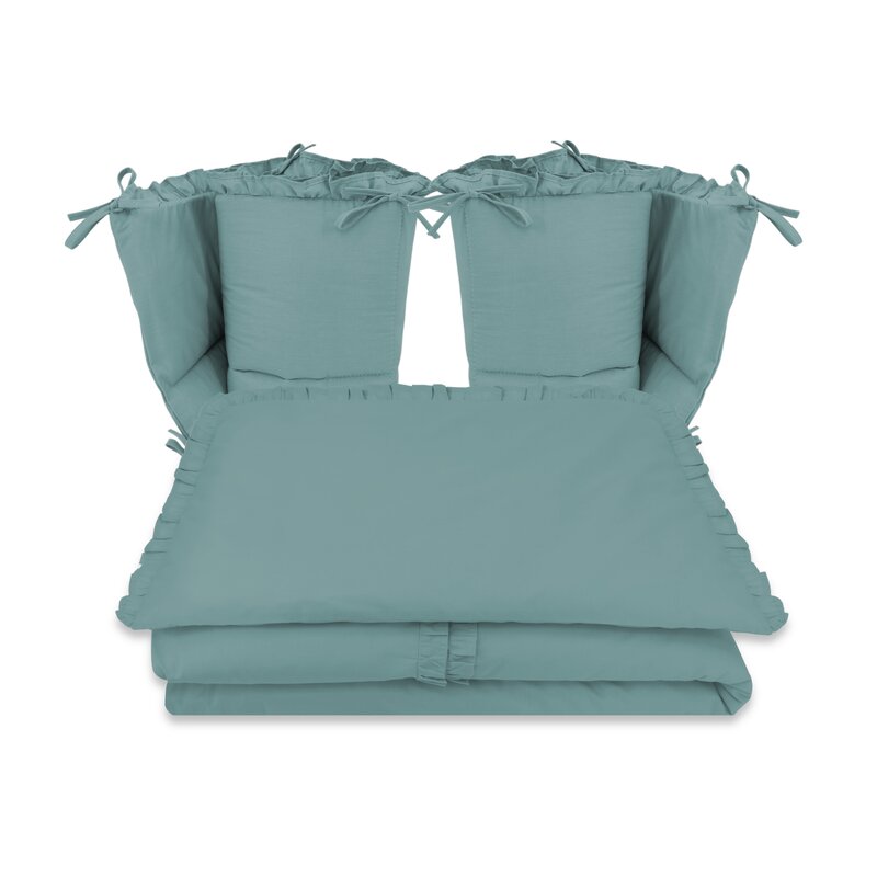 Lenjerie patut cu 4 piese, MimiNu, Pentru patut 120x60 cm, Cu doua protectii laterale, Cu volanase, Din bumbac certificat Oeko Tex Standard 100, Colectia Royal, Nepal Green